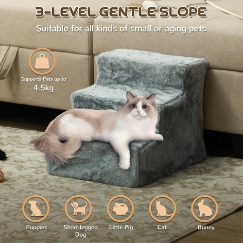 PawHut Three-Step Dog Stairs, With Washable Plush Cover, For High Bed Sofa, Dog Stairs For Small Dog And Cat - Light Grey