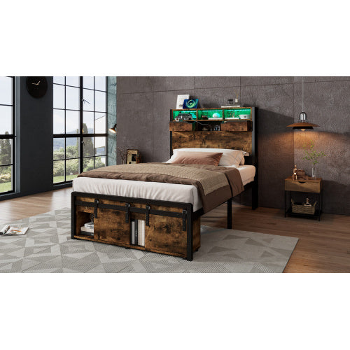 Metal Bed, Iron Bed, 3ft Single Bed 90x190cm, With Multi Color LED Strip Lights And Charging Port 2 A Type And 1 C Type, With Storage Space, Black  Wood Color