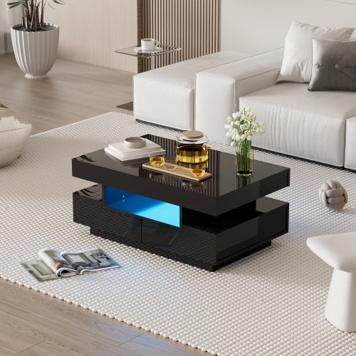 Coffee Table, High-Gloss Surface, With LED Light Strip, Four Drawers Front And Back, Large Storage Space