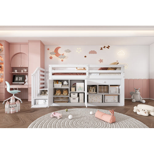 Multifunctional Wooden Children's Bed With Stairs And Storage Space, Stairs  Cabinets Interchangeable On The Left And Right, Drawers Reversible And Usable As A Desk, Without Mattress, 90x190, White