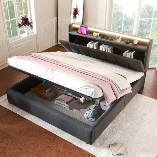 Upholstered Double Bed With USB Charging Function, Storage Headboard And LED Lighting, 5ft King Size Bed Storage Bed Frame 150 X 200 Cm, Wooden Slatted Frame, Grey No Mattress