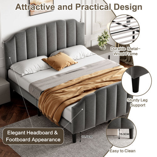 4ft6 Double Upholstered Bed Frame With Adjustable Chic Channel-Tufted Headboard, Velvet Platform Bed Frame With Solid Wood Slat And Mute Foam, No Box Spring Needed, Easy Assembly, Grey No Mattress
