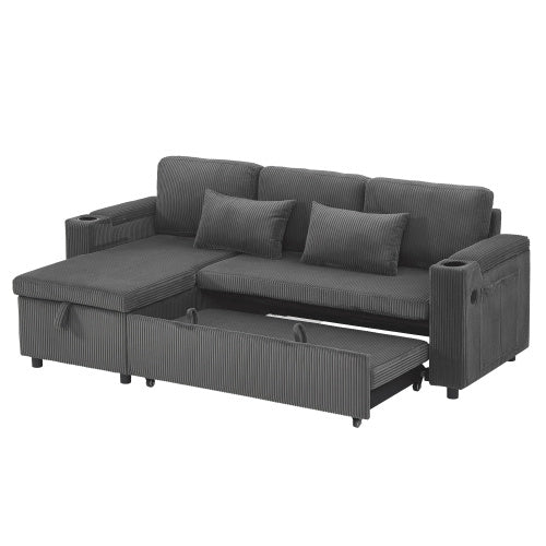 3 In 1 Convertible Corduroy Sofa Bed With Storage Chaise, L Shaped Sleeper Sofa Couches With Armrest Storage And Charging Station. Pullout Sectional Daybed For Living RoomBedroomOffice, Grey