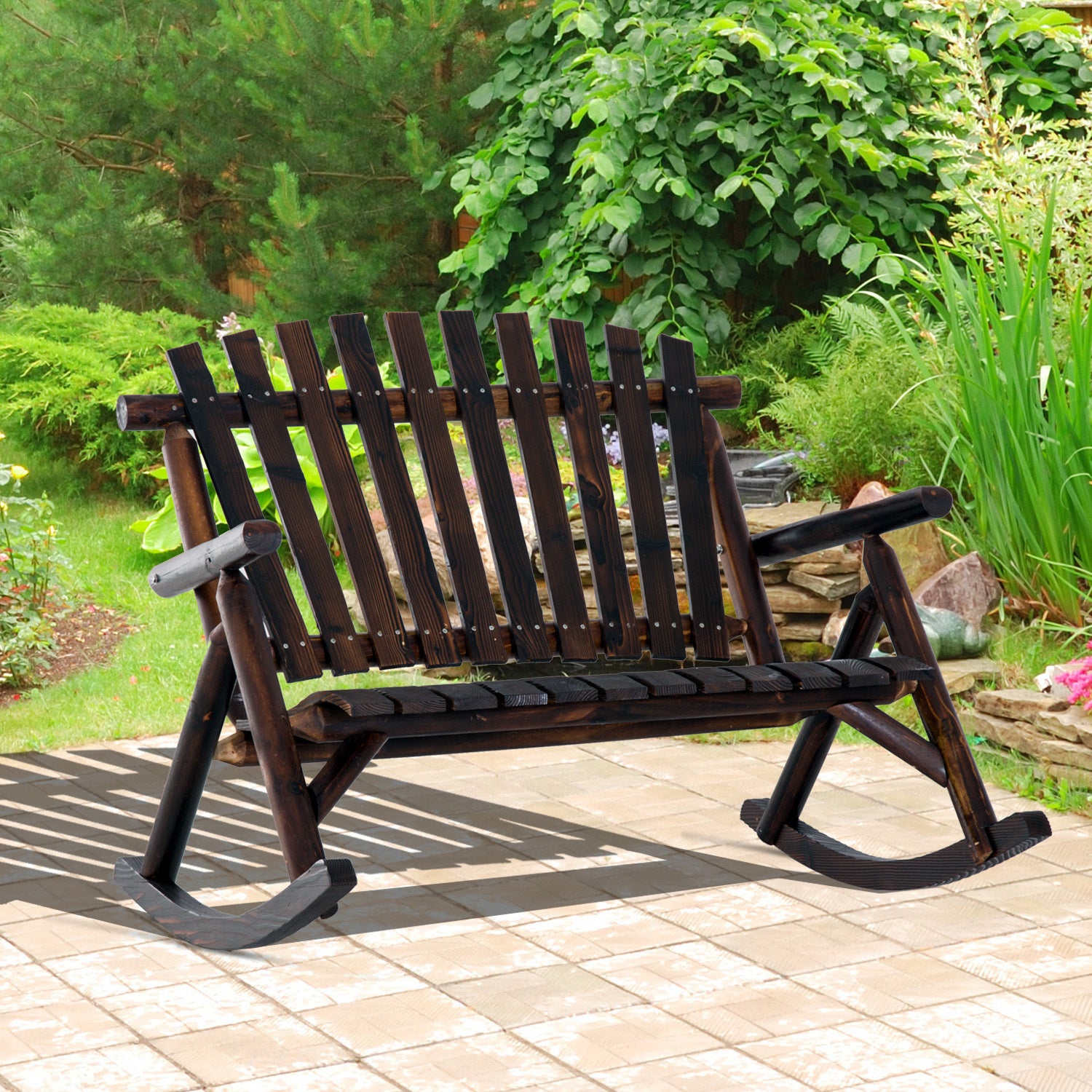 Classic Wooden High-Back Rocker, Carbonized For Garden Serenity & Relaxation, Durable Outdoor Furniture