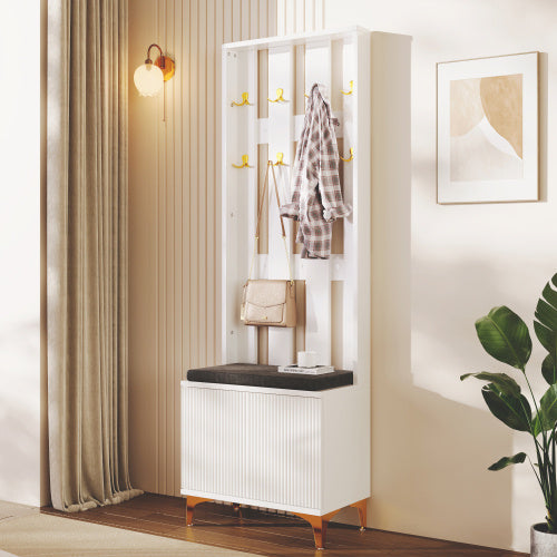 Wardrobe Set With Shoe Bench And Cushion, Wardrobe Front With Hooks, Shoe Cabinet With Drawers And Doors