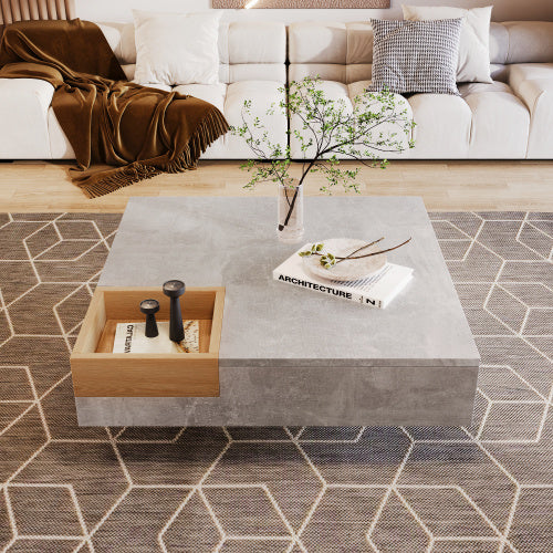 Coffee Table, Living Room Table, Side Table With Removable Storage Box, Concrete Gray And Wood Color, 72x72x30 Cm