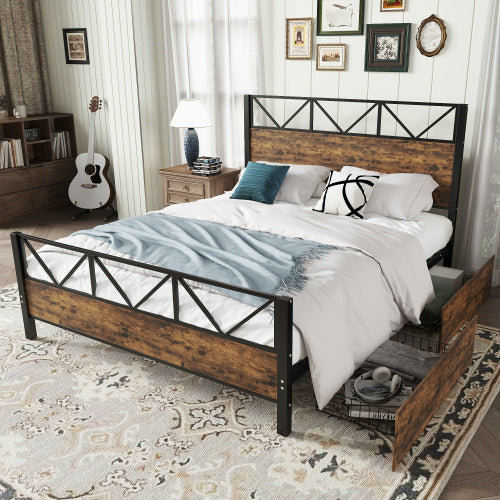 Metal Bed, 4ft6 Double Bed 135x190cm, With 2 Drawerss, Durable And Sturdy, Youth Bed, Storage Bed For Adults  Teenagers, Multifunctional Bed, Iron Bed, Black Wood Color