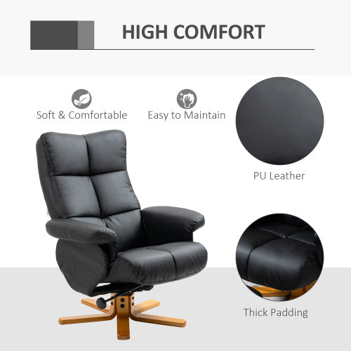 HOMCOM Recliner Armchair, Swivel Reclining Chair With Ottoman, Swivel Faux Leather Chair With Wooden Base And Storage Footstool For Living Room, Black