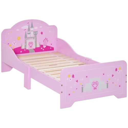HOMCOM Kids Bed Princess Castle Theme W Side Rails Slats Home Furniture For 3 - 6 Yrs Pink 143 X 73 X 60 Cm