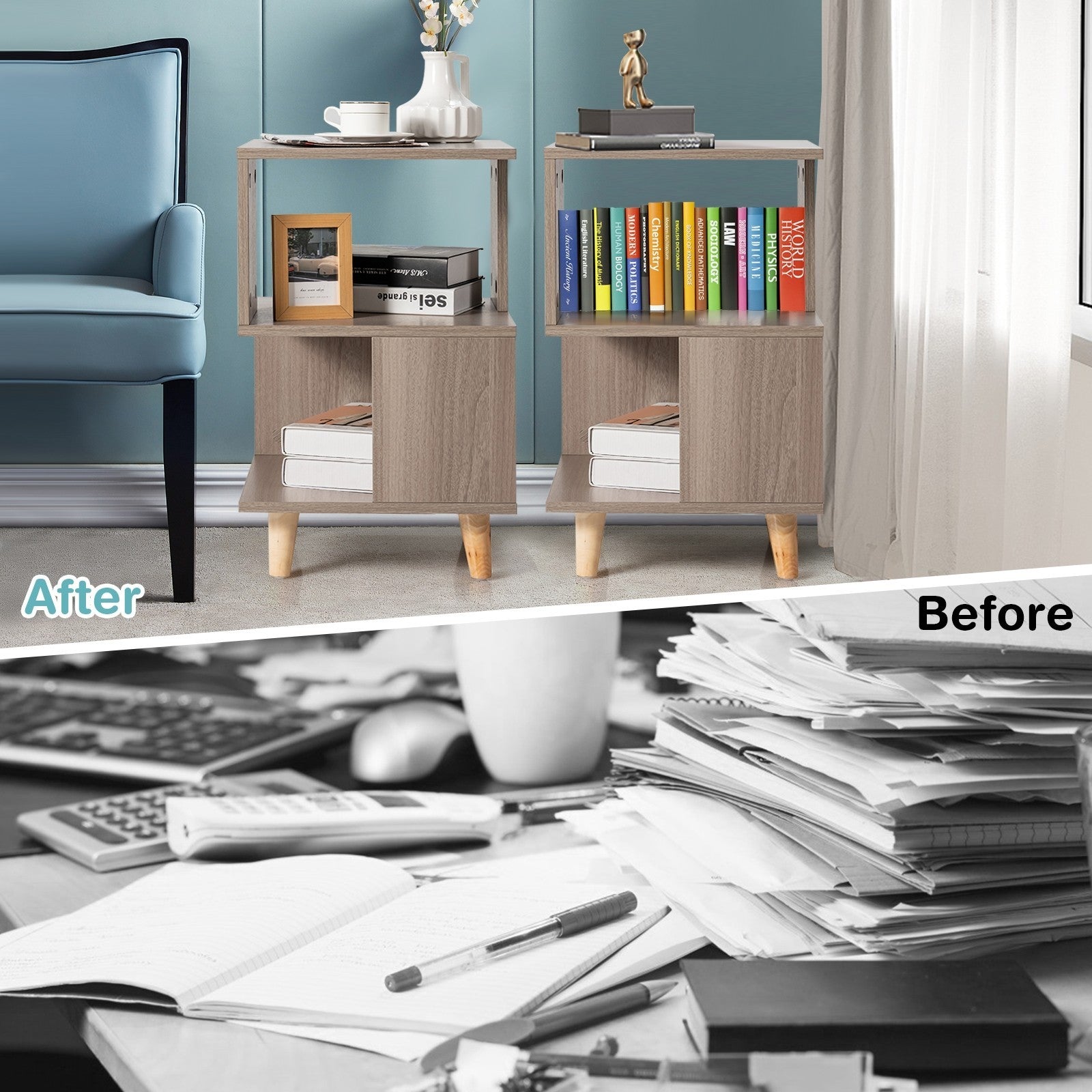 2 Pieces Wooden Modern Nightstand Set With Legs For Living Room