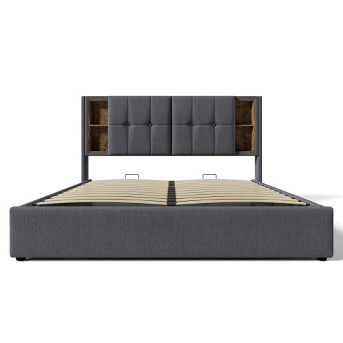 Upholstered Double Bed 135 X 190cm With Wireless Charging  USB Tyep-C, Hydraulic Storage Bed With Hydraulic Lever, Linen Fabric 4FT6 Double Bed Frame With Large Storage Space, Grey No Mattress
