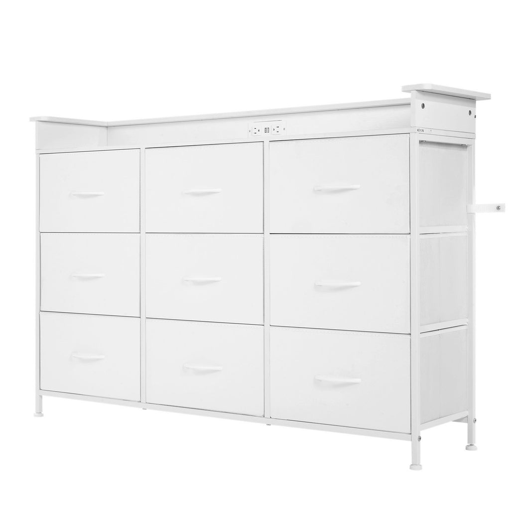 9 Drawer Dresser, Tall Drawer Dresser With Fabric Bin, Closet Storage Drawers With Sturdy Metal Frame, LED Lights & Built-in Outlet, Fabric Storage Tower For Bedroom, Hallway, Closet, White