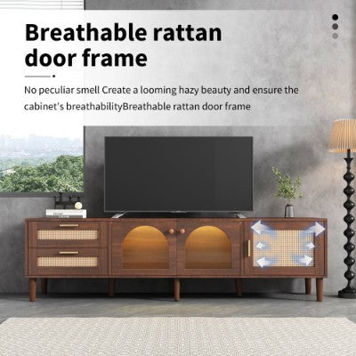 180 Cm Brown TV Cabinet For 80-inch TV - With 2 Rattan Drawers, 2 Curved Glass Doors And 1 Rattan Door, LED Lighting, Offers Stylish Storage, TV Board