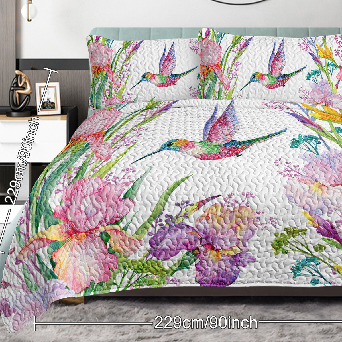 Colorful Bird Flower Design Quilt Set 3 Pieces Queen King Size Soft Warm Bedding Set Include 1 Quilt And 2 Pillowcases For Home Bedroom Decor