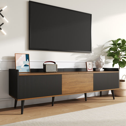 TV Cabinet, TV Table, TV Stand, Three-Door Base Cabinet. Compact Design. Black And Natural Wood Finish. Height 49.5 Cm  Length 160 Cm  Width 39 Cm