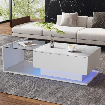 LED Coffee Table, Modern High Gloss Coffee Table, Center Table With Glass, Modern Coffee Table For Living Room With Drawer White