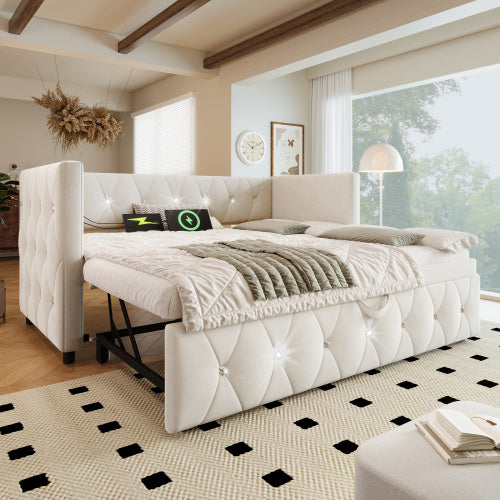 Daybed Single Upholstered Bed Sofa Bed With USB &Type C Charging Station, 3FT Single Bed 90 X 190 Cm With Trundle ,Pull Out Trundle For Living Room And Bedroom, Velvet