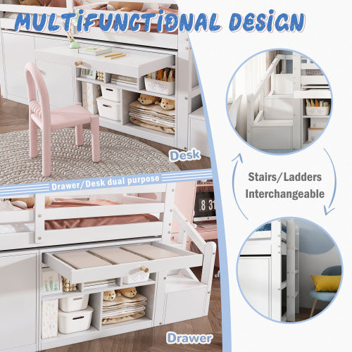 Multifunctional Wooden Children's Bed With Stairs And Storage Space, Stairs  Cabinets Interchangeable On The Left And Right, Drawers Reversible And Usable As A Desk, Without Mattress, 90x190, White