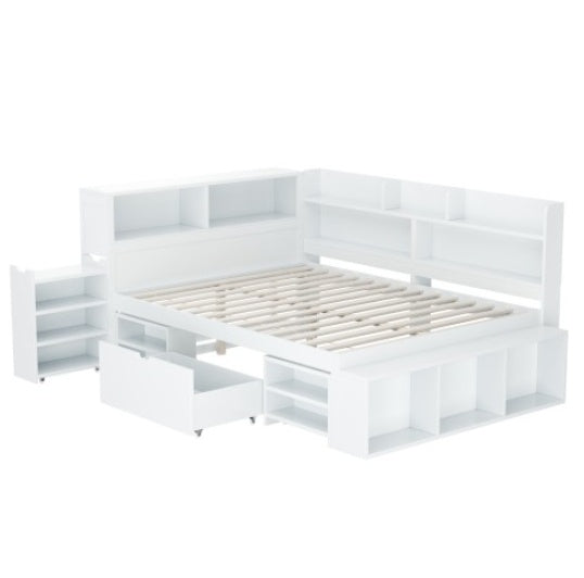 Children's Bed, Double Bed-4ft6  135x190cm  Multifunctional Children's Bed With Drawers, Bookcase And Storage Cupboard, Large Storage Space, Slatted Frame, Without Mattress, White