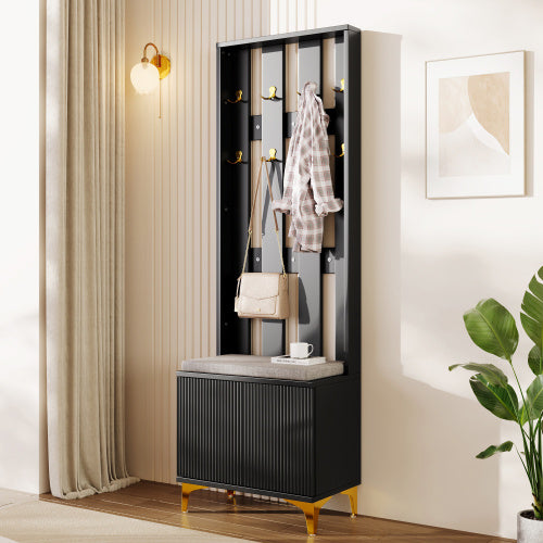 Wardrobe Set With Shoe Bench And Cushion, Wardrobe Front With Hooks, Shoe Cabinet With Drawers And Doors
