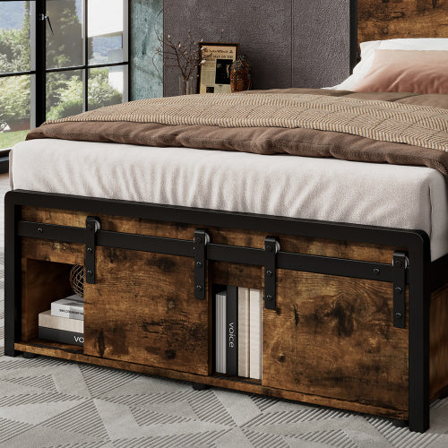 Metal Bed, Iron Bed, 3ft Single Bed 90x190cm, With Multi Color LED Strip Lights And Charging Port 2 A Type And 1 C Type, With Storage Space, Black  Wood Color