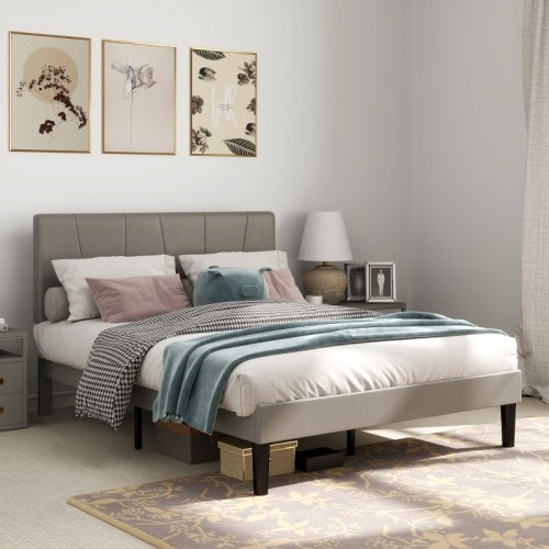HOMCOM King Size Bed Frame, With Velvet-Feel Headboard - Grey