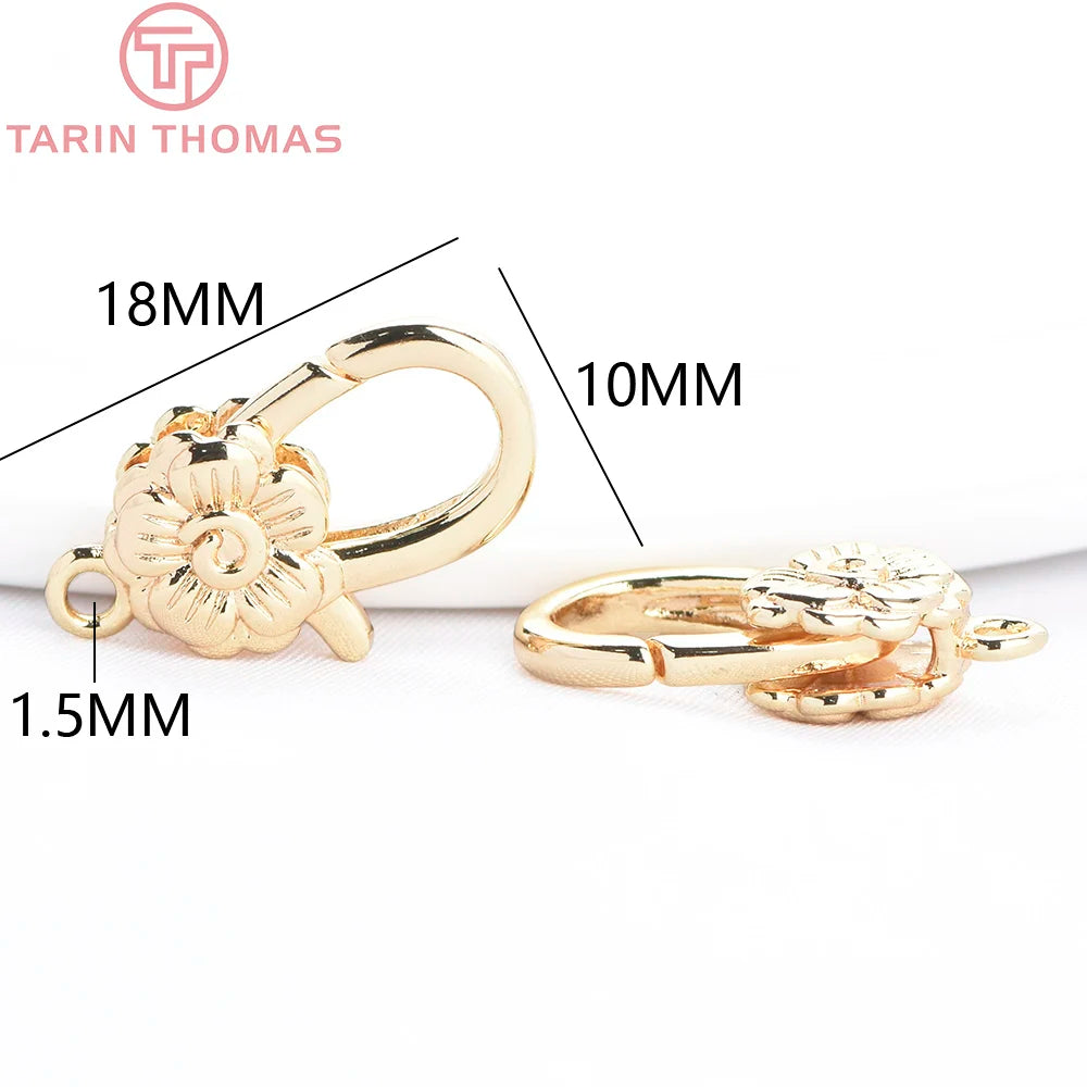 (9730) 4PCS 10x18MM 24K Gold Color Brass Flower Shaped Lobster Clasps High Quality DIY Jewelry Making Findings Accessories