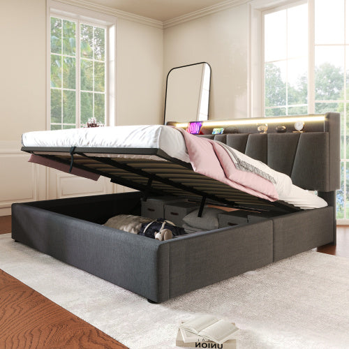 Upholstered Double Bed With USB Charging Function, Storage Headboard And LED Lighting, 5ft King Size Bed Storage Bed Frame 150 X 200 Cm, Wooden Slatted Frame, Grey No Mattress