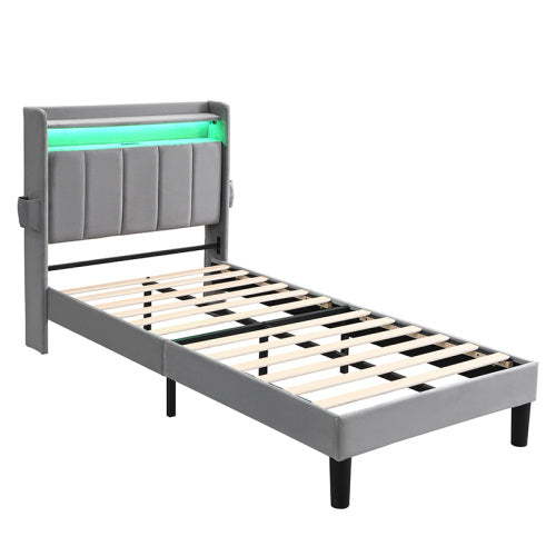 Upholstered Bed, 3FT Single Bed 90x190cm, Lower Flap Door Storage, With LED Light Strip, 3 USB Port 1 Type C, Durable And Sturdy, Youth Bed, For Adults  Teenagers, Velvet, Grey