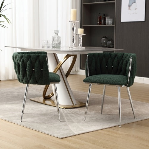 GOMYWAY Modern Hand Weaving Dining Chairs Set Of 2, Boucle Upholstered Side Chairs With Silver Legs, Kitchen Chairs With Armrest, Accent Chairs, Vanity Chairs For Dining Room Emerald, Set Of 2