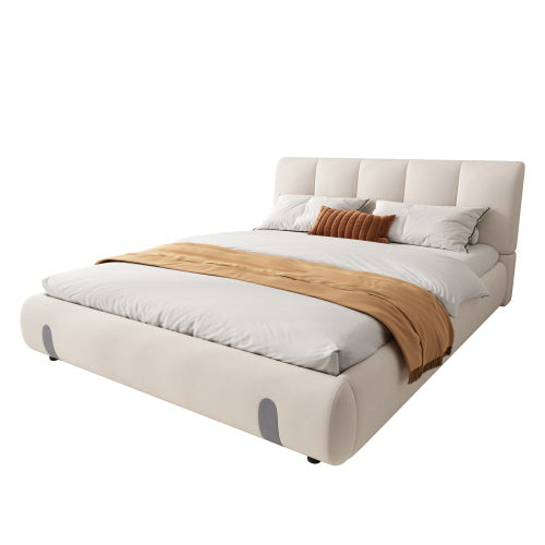 Upholstered Bed, For Adults And Teenagers, 4ft6 Double Bed 135x190cm, Durable And Sturdy, Soft Headboard, MDF  Velvet  Plywood, White