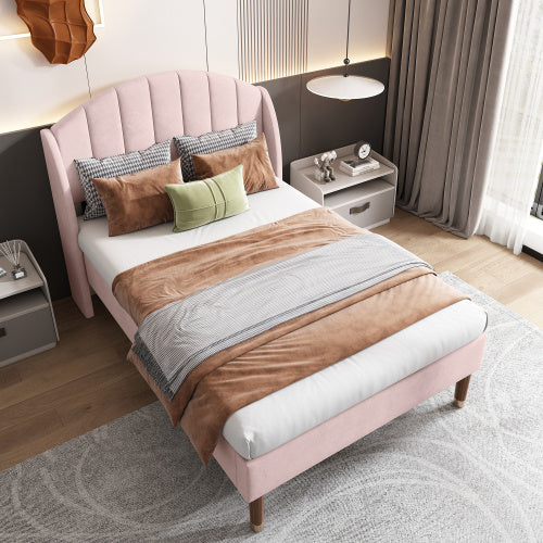 Upholstered Bed,Single Bed-3ft 90x190cm ,with Slatted Frame And Headboard, Youth Bed, Wooden Slatted Support, Easy Assembly, Velvet, Pink
