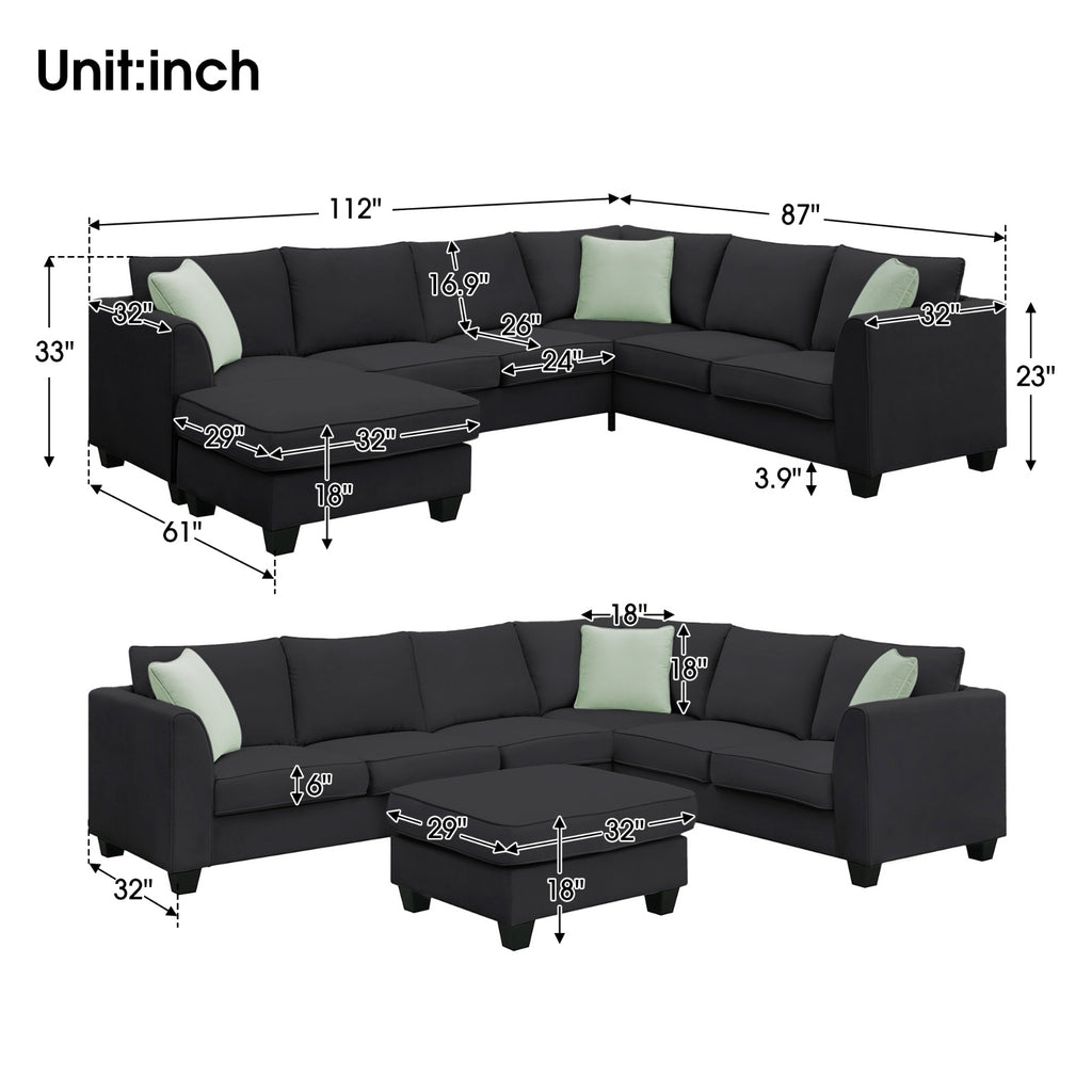 112 87 Sectional Sofa Couches, 7 Seats Modular Living Room Sets