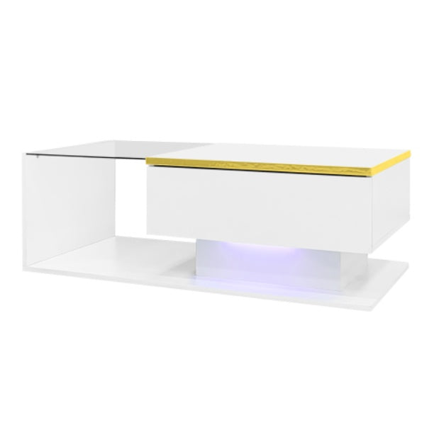 90 Cm Long Coffee Table, High-Gloss White. Side Tables, Coffee Tables With Glass And LED Effect