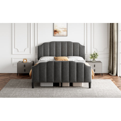 4ft6 Double Upholstered Bed Frame With Adjustable Chic Channel-Tufted Headboard, Velvet Platform Bed Frame With Solid Wood Slat And Mute Foam, No Box Spring Needed, Easy Assembly, Grey No Mattress