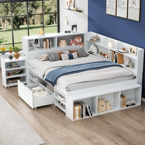 Children's Bed, Double Bed-4ft6  135x190cm  Multifunctional Children's Bed With Drawers, Bookcase And Storage Cupboard, Large Storage Space, Slatted Frame, Without Mattress, White