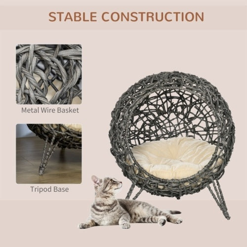 PawHut Rattan Elevated Cat Bed House Kitten Basket Ball Shaped Pet Furniture W Removable Cushion - Silver-Tone And Grey
