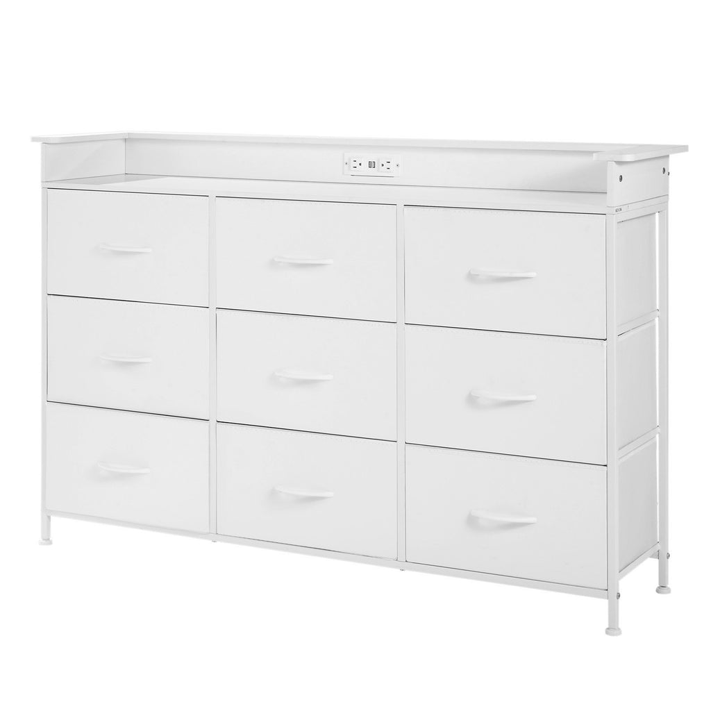 9 Drawer Dresser, Tall Drawer Dresser With Fabric Bin, Closet Storage Drawers With Sturdy Metal Frame, LED Lights & Built-in Outlet, Fabric Storage Tower For Bedroom, Hallway, Closet, White