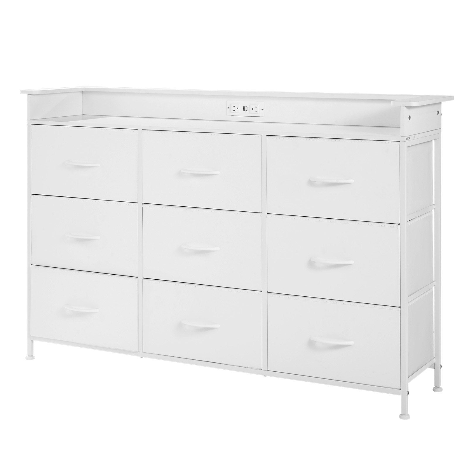9 Drawer Dresser, Tall Drawer Dresser With Fabric Bin, Closet Storage Drawers With Sturdy Metal Frame, LED Lights & Built-in Outlet, Fabric Storage Tower For Bedroom, Hallway, Closet, White