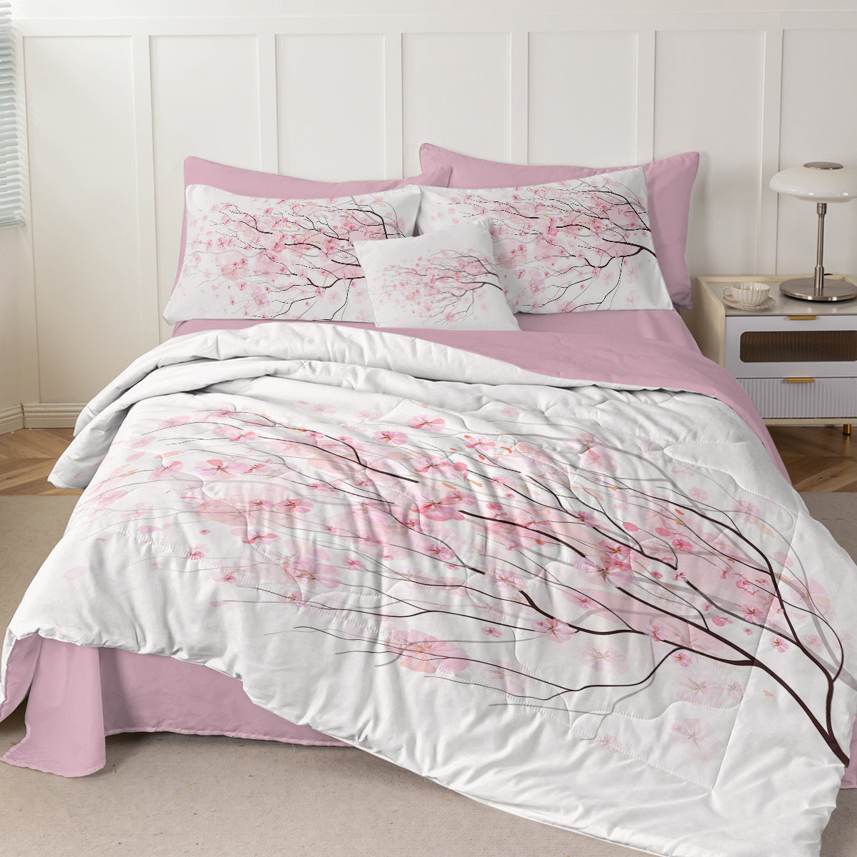 Cherry Blossom Pattern Comforter Set 8PCS Twin Size Soft Bedding Set,1 Comforter,1 Pilow Cover,1 Flat Sheet,1 Fitted Sheet,4 Cushion Cover