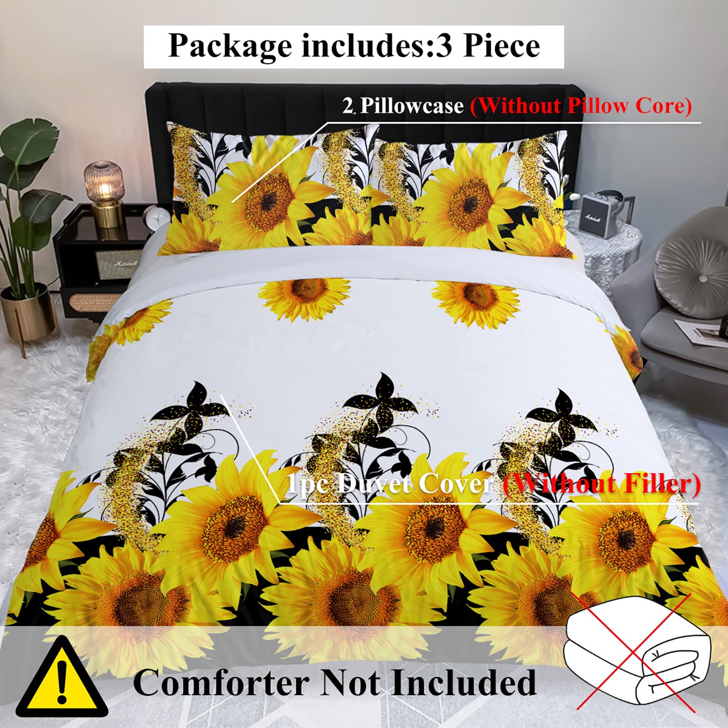 3 Pieces Black And White Background Sunflower Duvet Cover Set Yellow Flower Polyester Bedding Set For Adults Bedroom Decor Twin Full Queen King Size