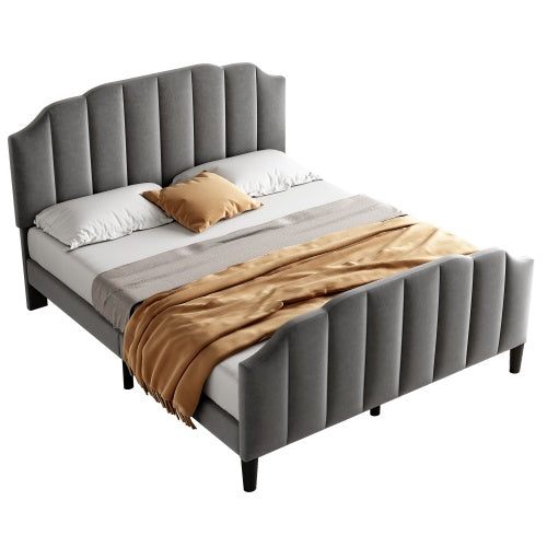 4ft6 Double Upholstered Bed Frame With Adjustable Chic Channel-Tufted Headboard, Velvet Platform Bed Frame With Solid Wood Slat And Mute Foam, No Box Spring Needed, Easy Assembly, Grey No Mattress