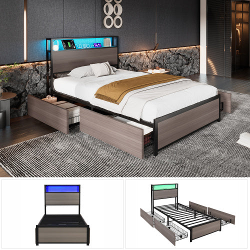 Metal Bed, 3FT Single Bed 90x190cm, With LED Light Strip And 4 Drawerss, 2 USB Port 1 Type C, Durable And Sturdy, Youth Bed, For Adults  Teenagers, Multifunctional Bed, Wrought Iron Bed, Grey