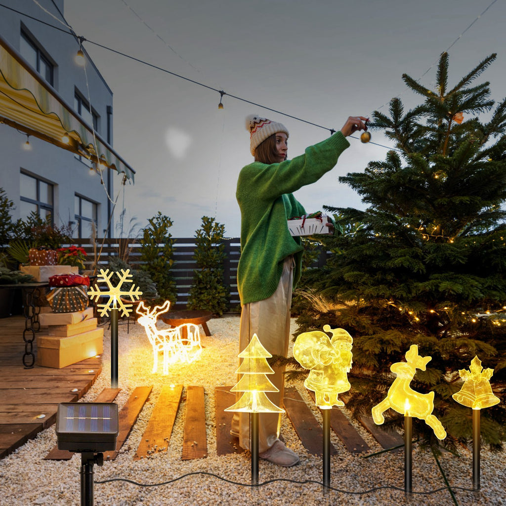 1 Set Of 5Pcs Mixed Christmas Decoration Light Solar Stake Light Waterproof Reindeer Snowflake Bell Christmas Tree Santa Claus Light Outdoor Landscape Light