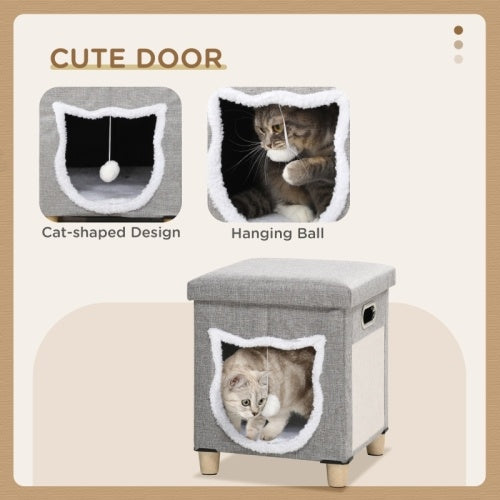 PawHut Cat House Cave, Cat Bed Cube With Scratching Pad, Soft Detachable & Washable Cushion, Toy Ball, For Indoor Kittens, Grey
