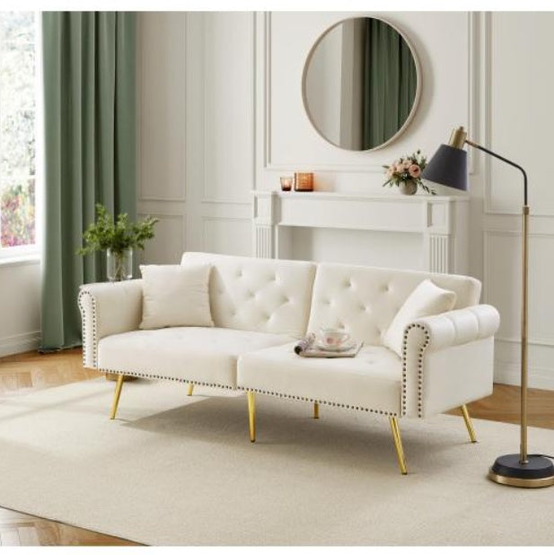 Modern 2-Seater Sofa Bed    Velvet Upholstery, 3  Stage Adjustable Backrest  Gold  Plated Metal Feet Stylish Sofa With Sleeping Function  Space-Saving Durable Ideal For Small Spaces