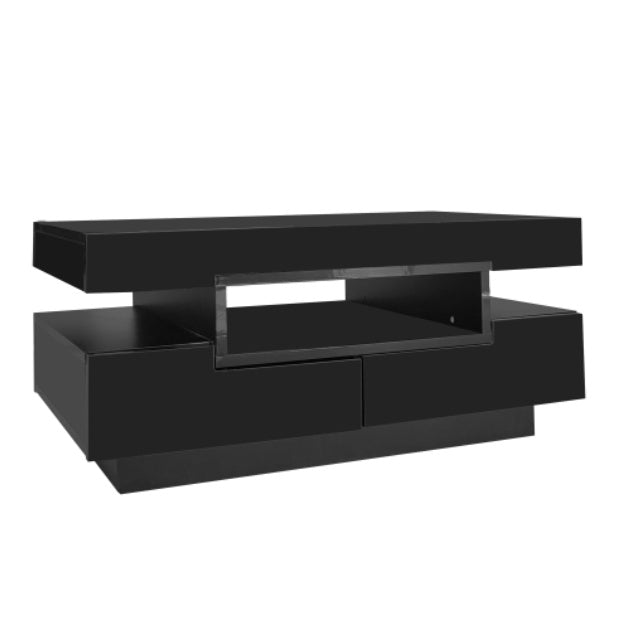 Coffee Table, High-Gloss Surface, With LED Light Strip, Four Drawers Front And Back, Large Storage Space