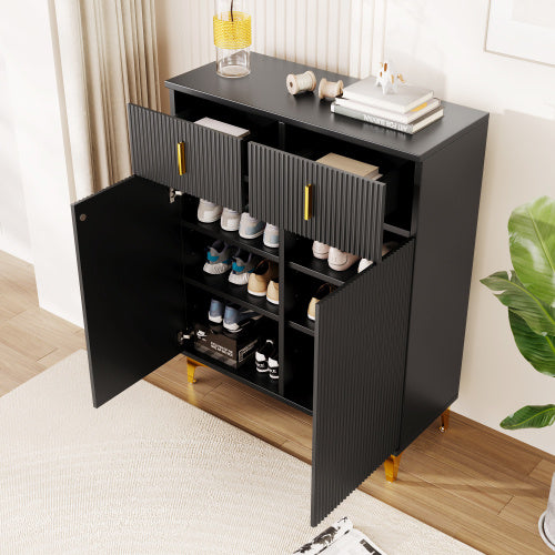 Elegant Sideboard Shoe Cabinet With Structural Panels, Adjustable Shelves And Gold-plated Decorations, With Drawers