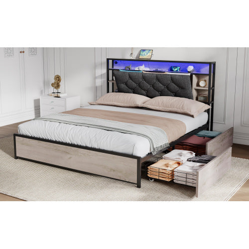 4ft6 Double Bed With 4 Storage Drawers, Bed Frame With Concealed Headboard Storage, Button Tufted Headboard With LED Lighting And Charging Station, Vintage Rustic Wooden, Linen, Grey
