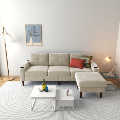 Convertible Combination Sofa Sofa L Shaped Sofa With Footstools With Storage, Beige Sofa For Living Room, Living Room Bedroom Office Small Space 3 Seater Combination Sofa
